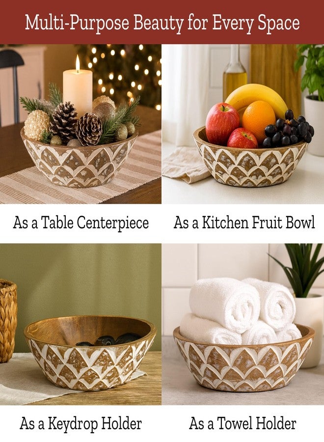 Mie Creations 10'' Decorative Wooden Bowl, Wood Serving Bowl for Fruits, Salad, Desserts, Snacks, Popcorn, Kitchen Counter | Rustic Table Centerpiece Thanksgiving Christmas Decor- 10x3 inch Whitewash - Image 3